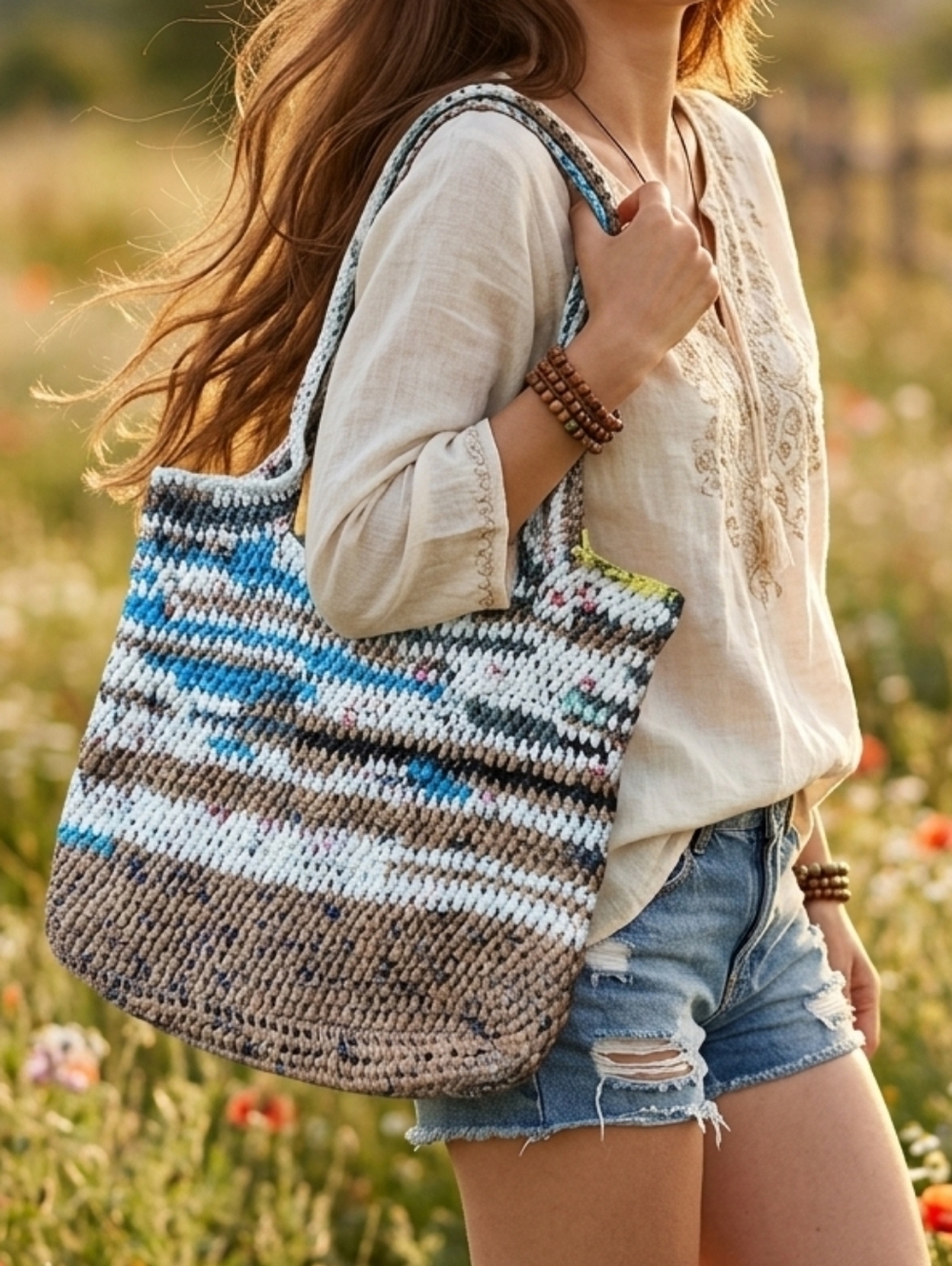 Handmade Upcycled Plarn Recycled Plastic Bag Crotchet Market Tote Eco-Friendly